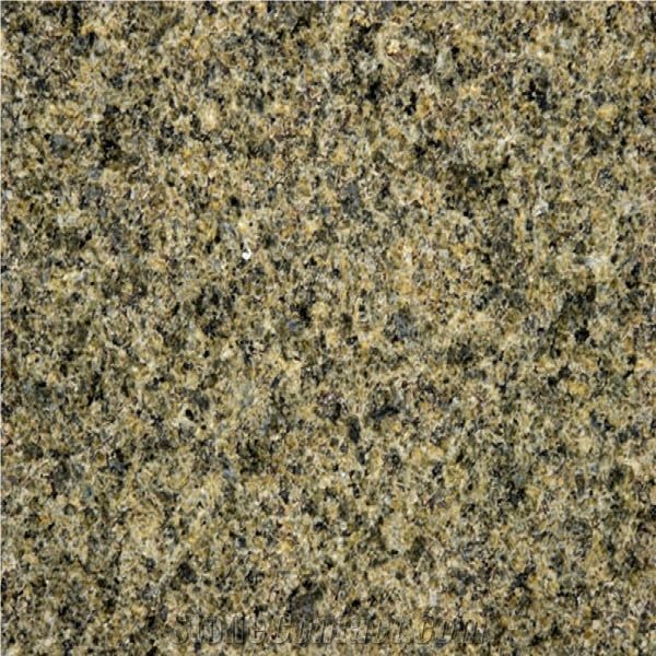 Desert Green Granite slab &mdash; sage-green to olive with cream and black mineral inclusions