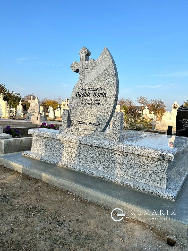 Grey Granite Headstone Cross Installed